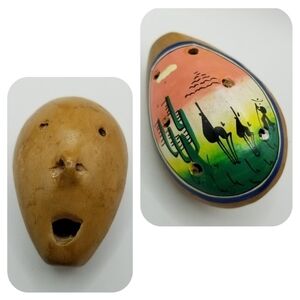 Ocarina Wind Flute Hand Crafted Clay Folk Art Pottery Peruvian Whistle Face